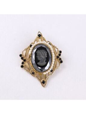 Vintage Intaglio Cameo Brooch Black Glass Pearl Gothic Victorian Pin Flawed 2"
